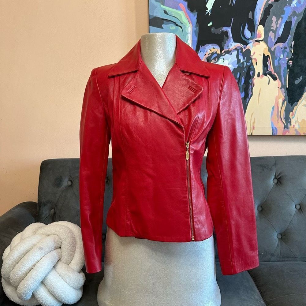 Vintage Y2K Dana Buchman red leather jacket sz 4 (pq5)